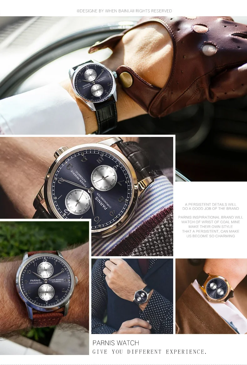 Parnis 43mm Silver Case Automatic Mechanical Men's Watch Power Reserve Black Leather Strap Men Watches heren horloge Luxury