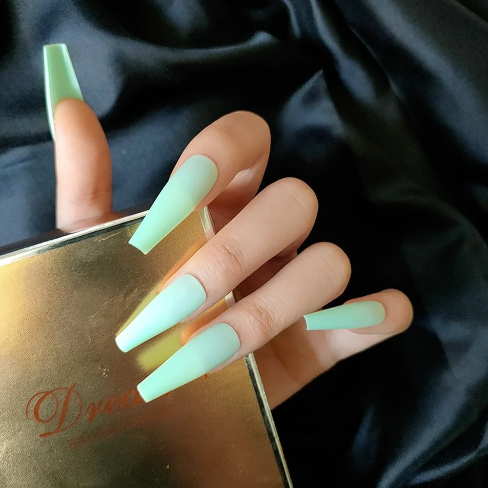 

Drop Shipping Light Color Press on Nails Coffin Long Ballet Gradients Blue Manicure Patch Artificial Nails with Glue for Girls