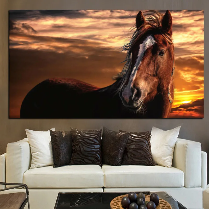 Настенная картина коричневая лошадь на лице стоячий закат пейзаж животные