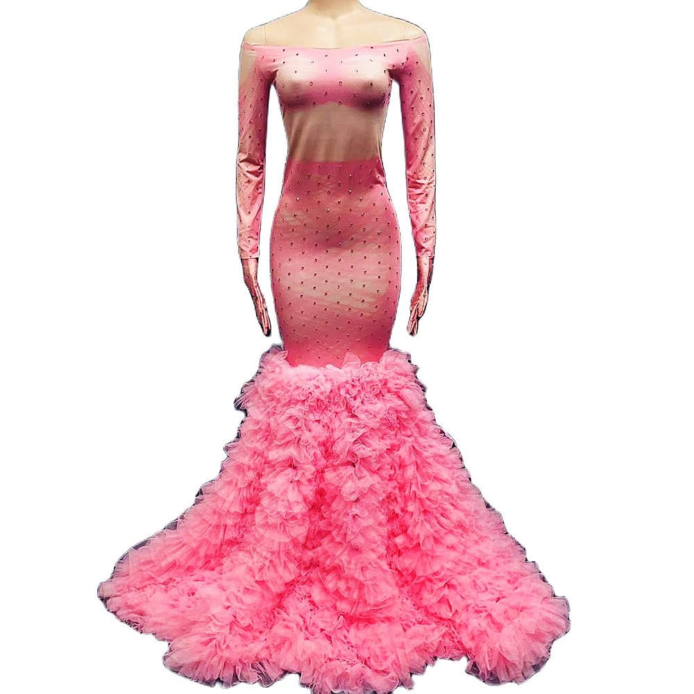 

Sparkling Inlaid Pink Rhinestones Tight Stretch Dress Long Tail Women Dresses Birthday Celebrate Party Evening Prom Outfit