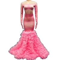 sparkling inlaid pink rhinestones tight stretch dress long tail women dresses birthday celebrate party evening prom outfit