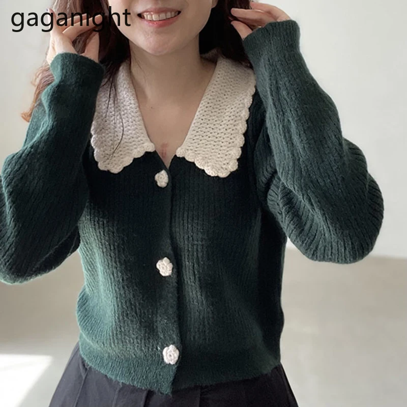 

Gaganight корейский женский вязаный Укороченный кардиган с длинными рукавами однобортный шикарный кардиган 2021 Новый Винтажный свитер свободны...