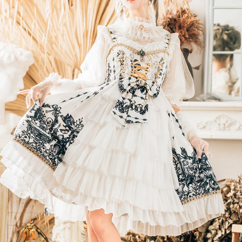 

Lolita Style Gothic Dress Women Summer Fashion Ruffles High Quality Designer Printed Bandage Bowknot Big Swing Dresses