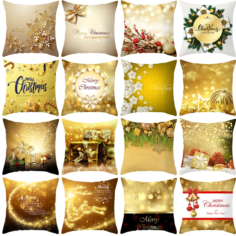 Fuwatacchi Gold Merry Christmas Cushion Cover New Year Gift Throw Pillow Covers for Home Sofa Decorative Pillowcases 45*45cm