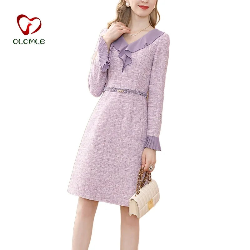 

French Pink Tweed A-Line Dress For Women Winter Woolen Dress Peter Pan Collar Plaid Pleat Flare Sleeve OL Dresses Slim