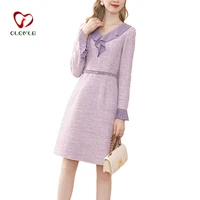 french pink tweed a line dress for women winter woolen dress peter pan collar plaid pleat flare sleeve ol dresses slim