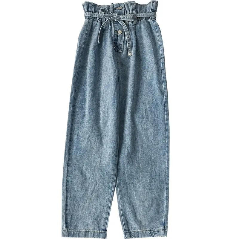 Korean Fashion Blue Jeans Woman Vintage Washed High Waist Female Casual loose Elastic Pockets Denim Pants | Женская одежда
