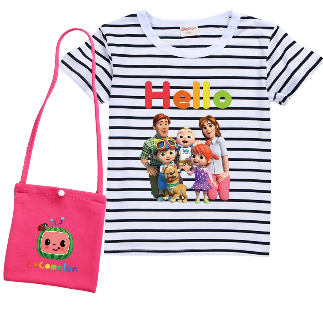 

Little Girls JJ Cocomelon T Shirt Kids Cartoon Watermelon T-shirts with Bag 2pcs Suit Baby Boys Striped Short Sleeves Tshirts