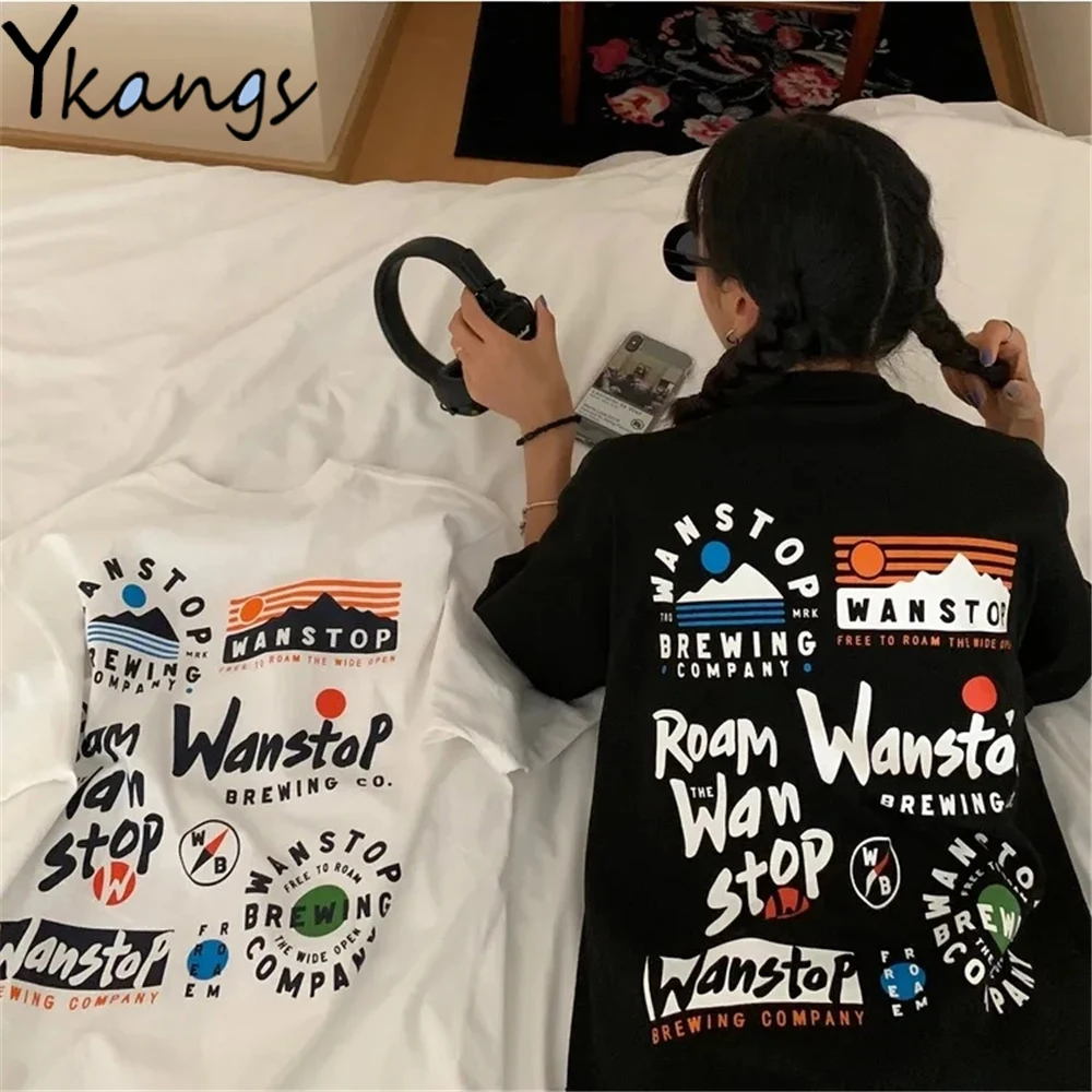 

White Black Funny Graphic Print T Shirts Kawaii Cute Women Streetwear Teens Tees Summer 2021 Harajuku Mang Korean Ulzzang Top