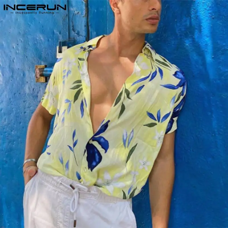 

Short Sleeve Turn Down Collar Chemise INCERUN 2021 Summer Men Printed Shirts Hawaiian Floral Blouse Man Casual Button Camisa 5XL