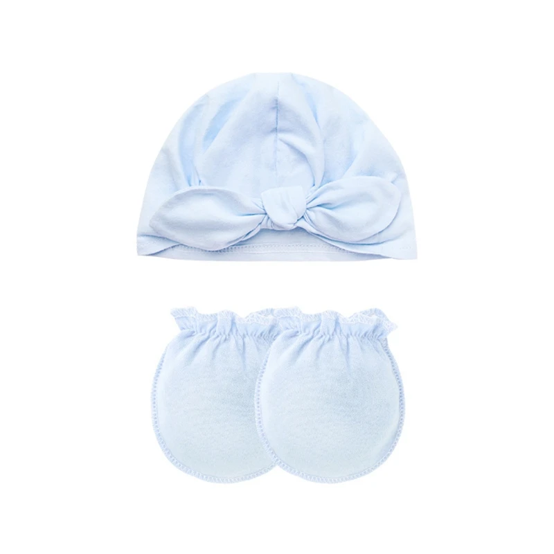 Baby Anti-scratch Gloves Knotted Hat Set Handguard Cotton Mittens Beanie Kit H9EF