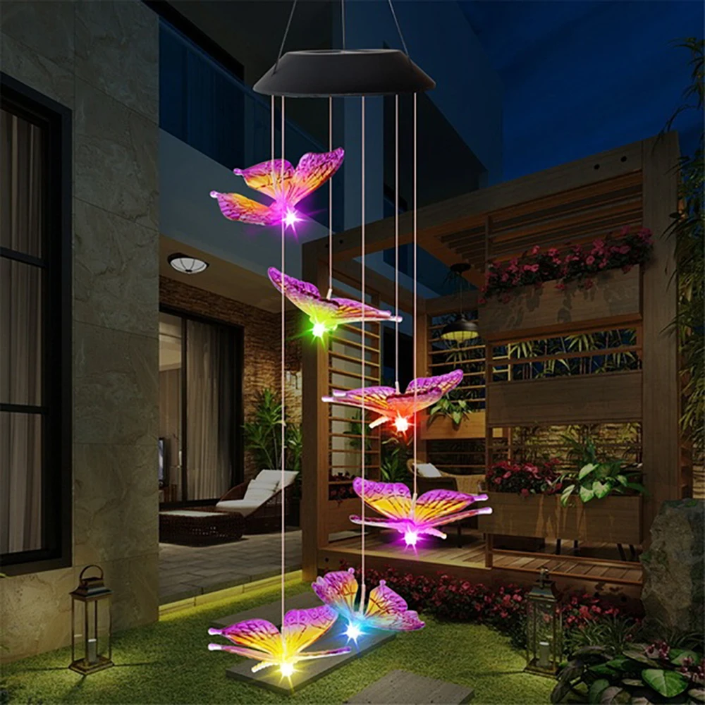 

Solar Powered Wind Chime Light Color Changing Butterfly Hanging Lamp Outdoor Garden Decor