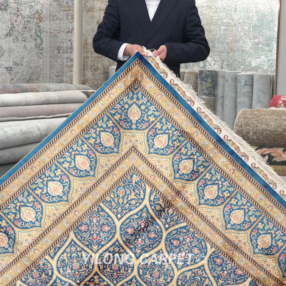 Yilong 8 'x 10' ручной работы Qum шелковый ковер Медальон цветочный синий вязки
