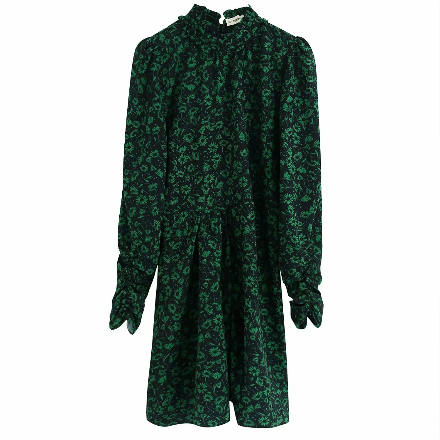 Женское облегающее мини платье с цветочным принтом длинным рукавом и воротником