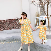 2021 mother daughter dresses yellow floral fashion half sleeve mommy and me clothes family matching outfits knee length dress