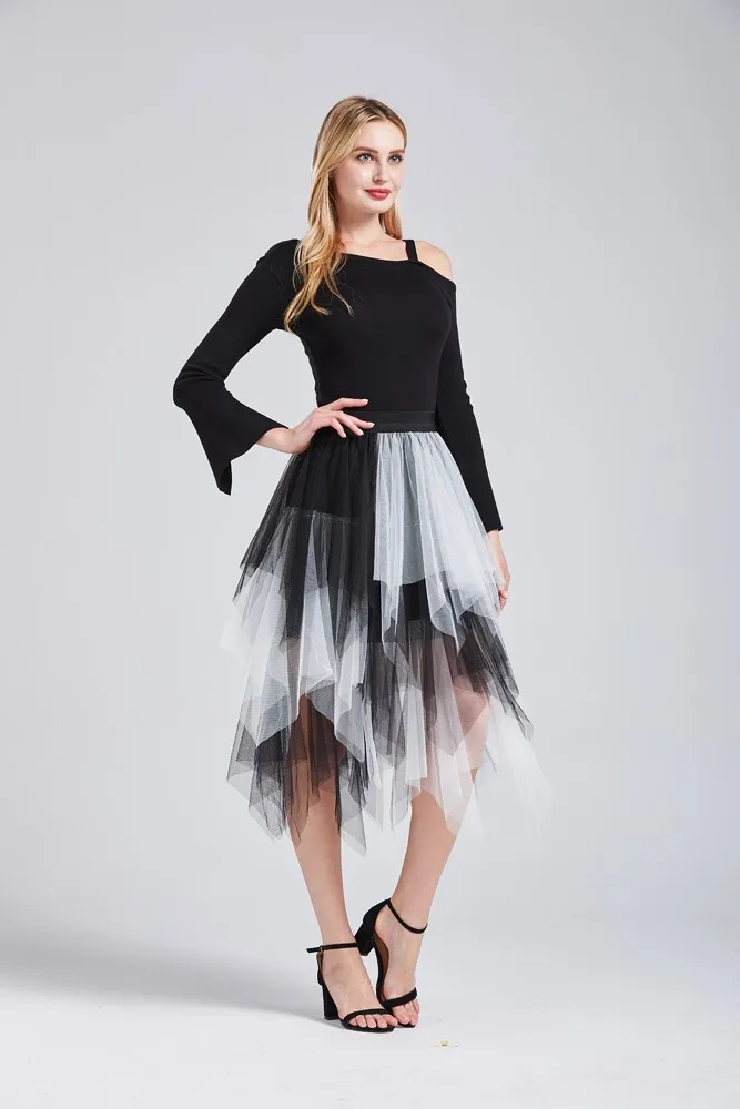 

White And Black Tutu Skirt High Waisted Tulle Skirt Formal High Low Asymmetrical Midi Tea-length Elastic Waist Tutu Skirts