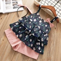 humor bear summer girls clothes suit layered chiffon flower printed sling bow tops and shorts 2pcs suit baby kids clothing set
