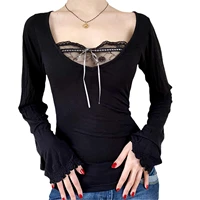 y2k fairycore grunge kawaii crop top vintage black lace bow frill v neck long sleeve t shirt retro korean women sexy pullovers