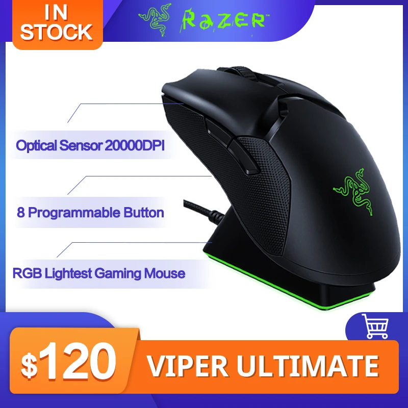 

Игровая мышь Razer Viper Ultimate, гиперскоростная, RGB, самый легкий оптический датчик, 20000DPI, 650IPS, беспроводная мышь с 8 программируемыми кнопками