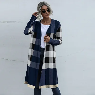 

Spring And Autumn Women Cardigan Long Sleeve Plaid Knitted Long Cardigans Casual Korean Fashion Coat Elegant Jackets Female