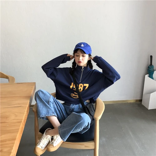 На Молнии Темно голубые с буквами принтом повседневная свободная воротником