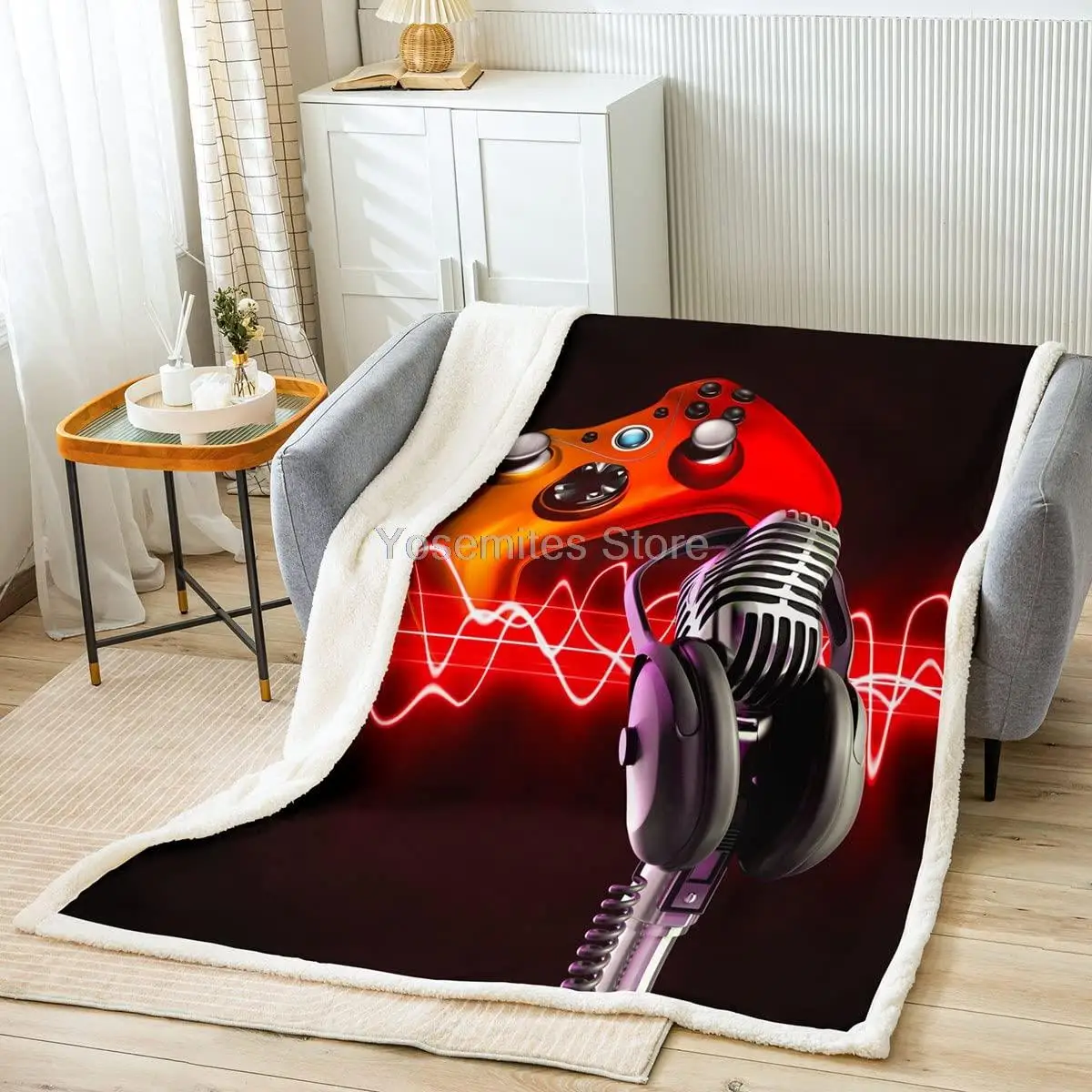 

Castle Fairy Silver Microphone Blanket Throw 90x90 Kids Boys Video Games Sherpa Blanket Sofa Bed Living Room,Gaming Gamepad Musi