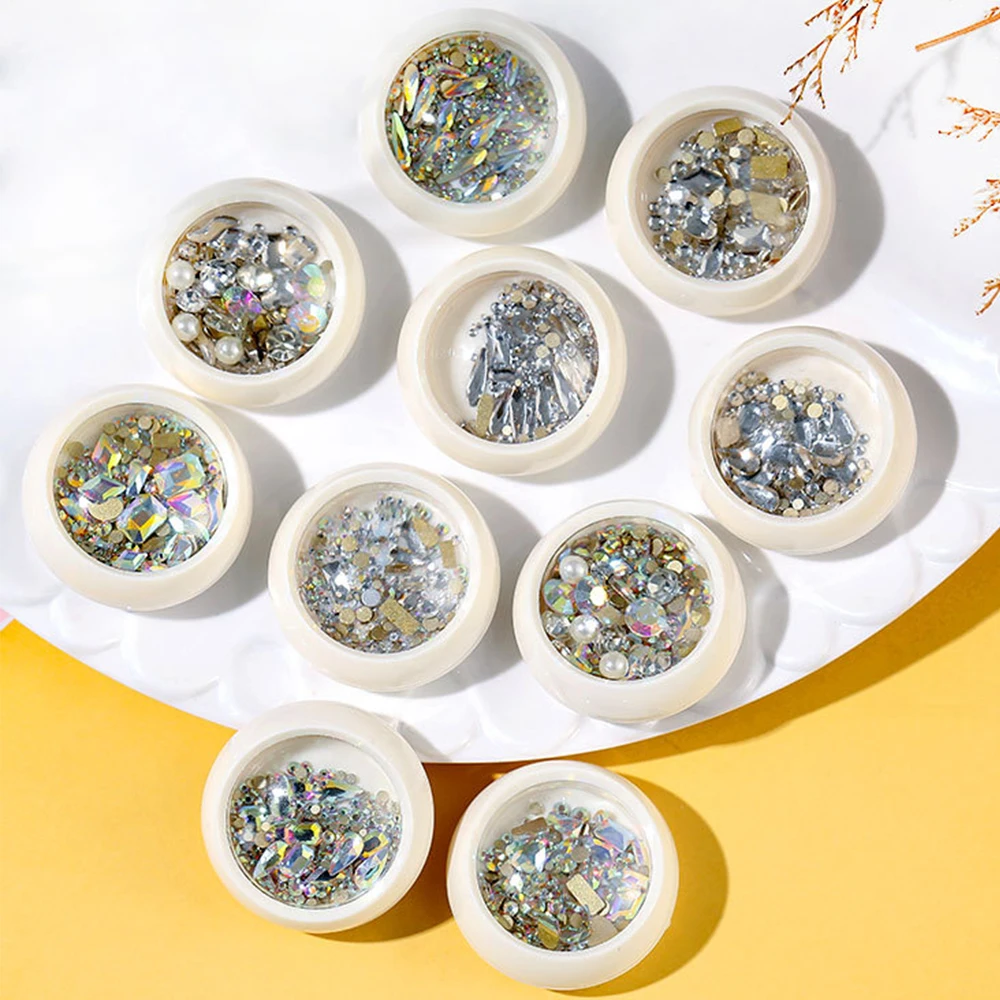 

1 Box Shiny Colorful 3D Nail Rhinestones DIY Mixed Size AB Flat-back Nail Gems Nail Art Decorations