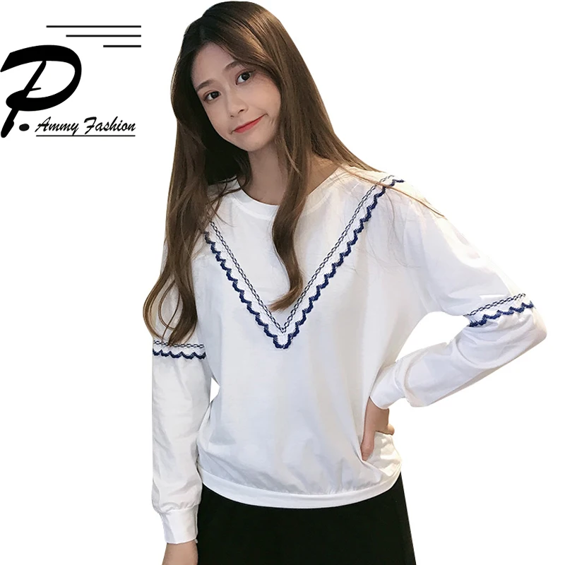 Early autumn 2019 new Korean version of the round neck Sweatshir wild Top women long-sleeved white fashion bottoming sweatshirts |