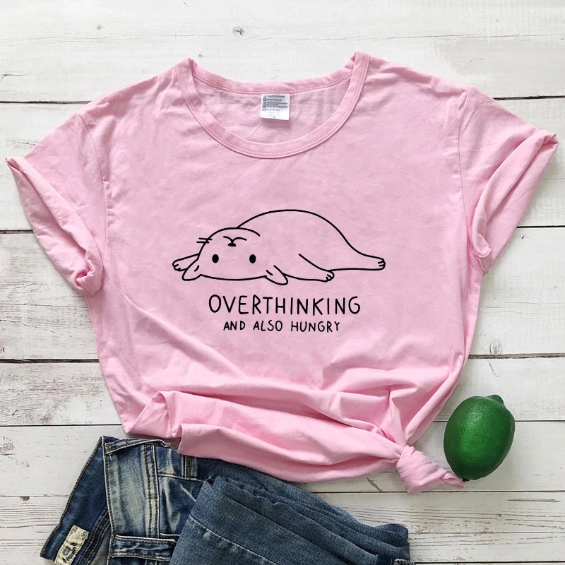 Overthinking и также голод принт с милой кошкой Футболка женская Tumblr с графикой для хипстеров повседневные футболки топы летние Harajuku Забавные футболки
