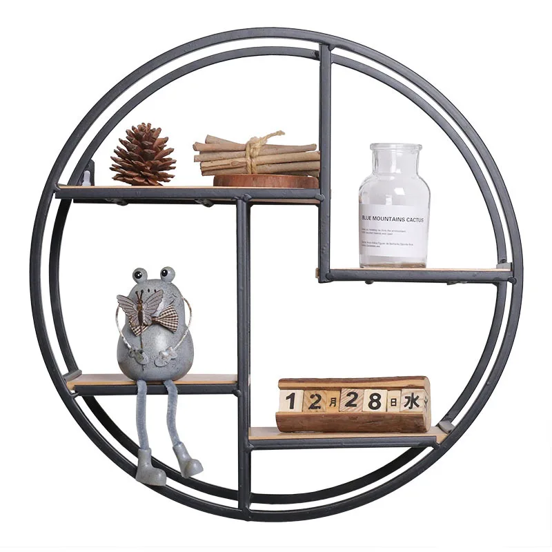 

Retro Round Wall Unit Wood Metal Hanging Shelf Office Sundries Art Storage Rack Home Wooden Decorative Craft Holder 4 Partitions