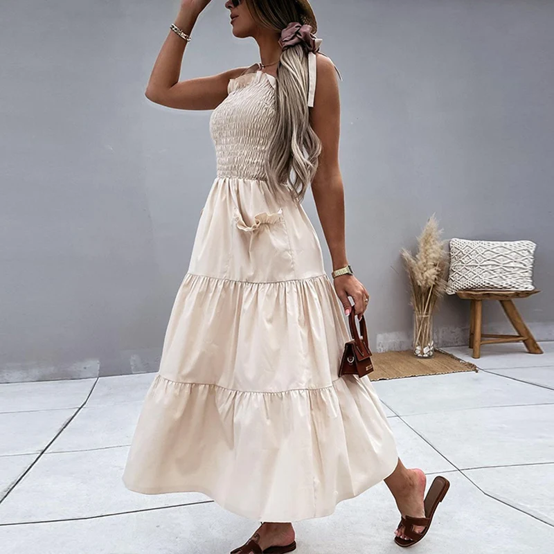 

Sexy Sling Straps Solid Color Fashion Holiday Dress Elegant Pleated Elastic Waist Long Dress Women Sleeveless Pocket Party Dress