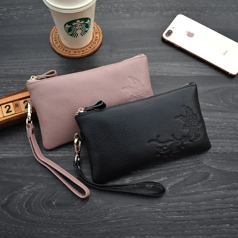 

Fashion Simple Bag Genuine Leather Clutch for Women Zipper Big Capacity Wristlet Bag Female Coin Purse Phone Bags Ladies Wallets