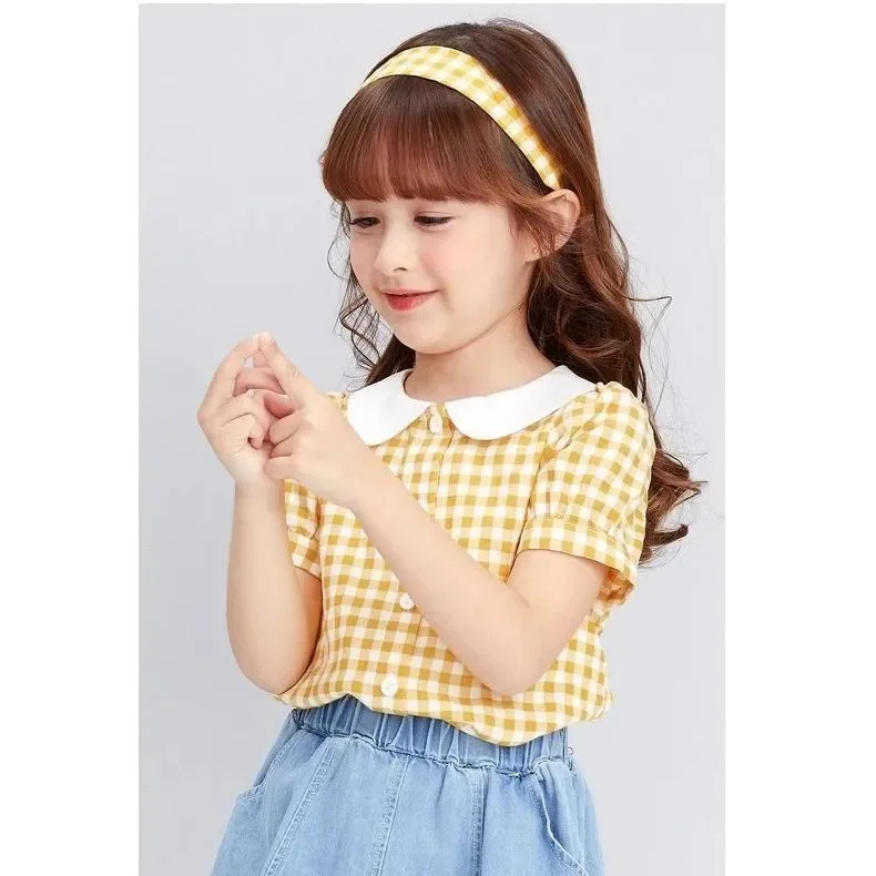 Клетчатые Детские футболки в Корейском стиле Стиль блузки для девочек с пышными