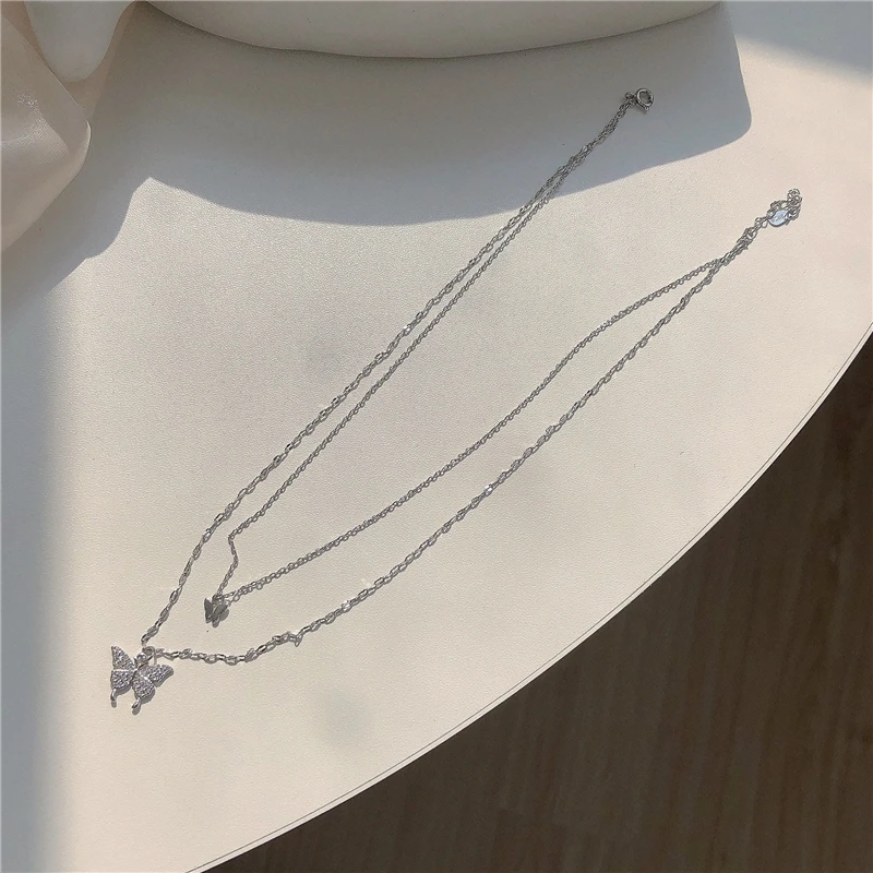 

Silver Shiny Butterfly Tassel Necklace Female Exquisite Double Layer Pendant Clavicle Chain Wedding Party Jewelry