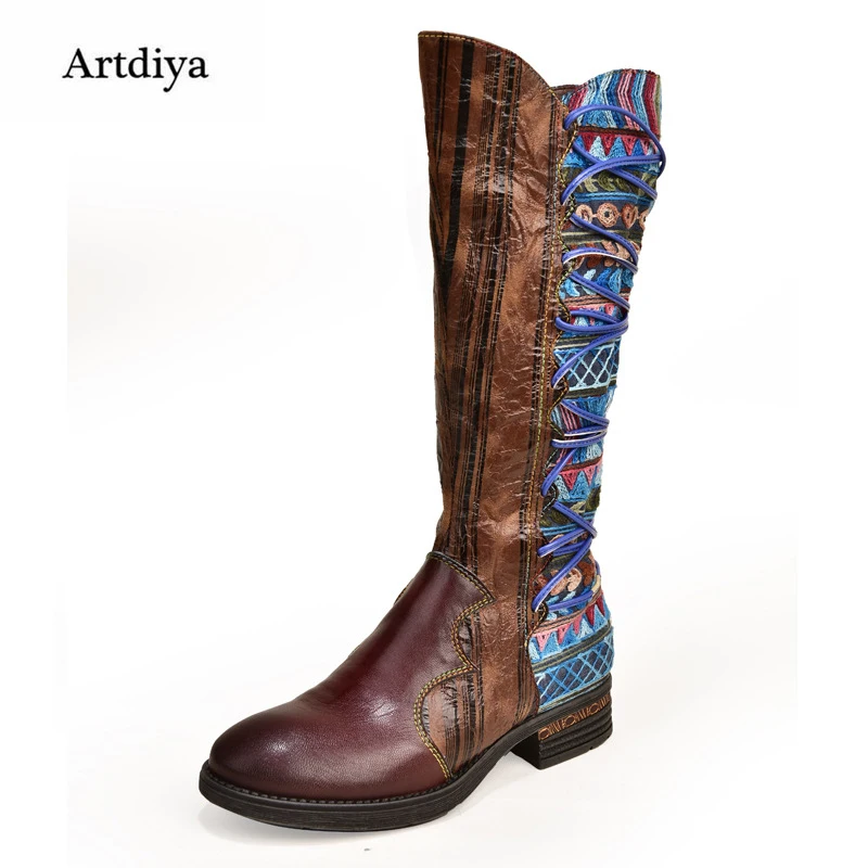 Artdiya/зима ; Новые Ботинки martin; винтажные сапоги до колена из натуральной кожи в национальном стиле; подчеркивающий индивидуальность галстук; женские сапоги ручной работы