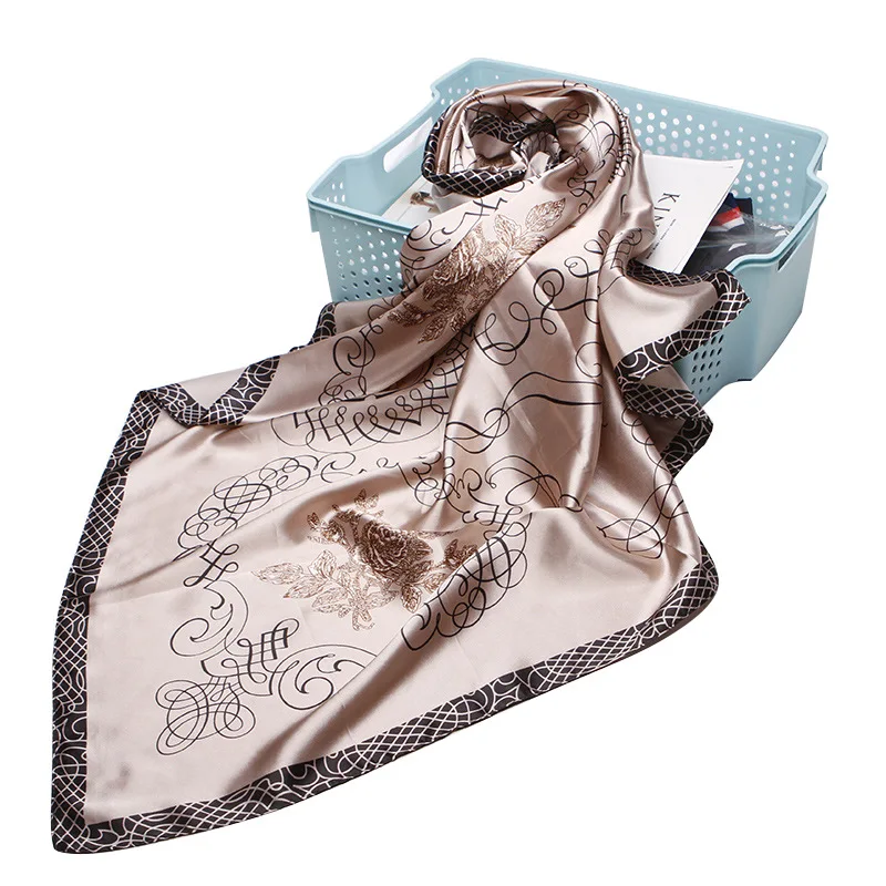 

Scarf Women Fashion Designer Beautiful Leaves Foulard Soft Satin Shawl Scarfs Kerchief 90X90cm Square Neck Headscarf WJ119
