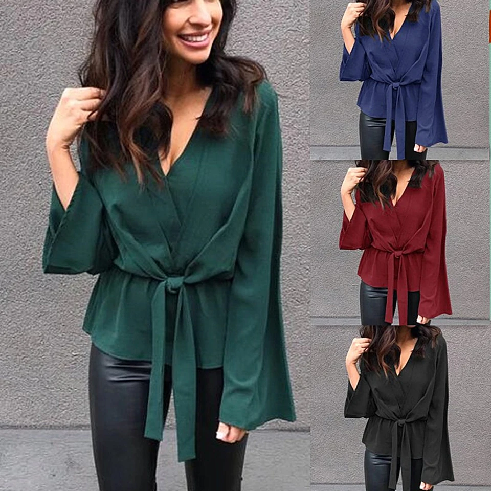 Женская Свободная шифоновая блузка с длинным рукавом и v-образным вырезом