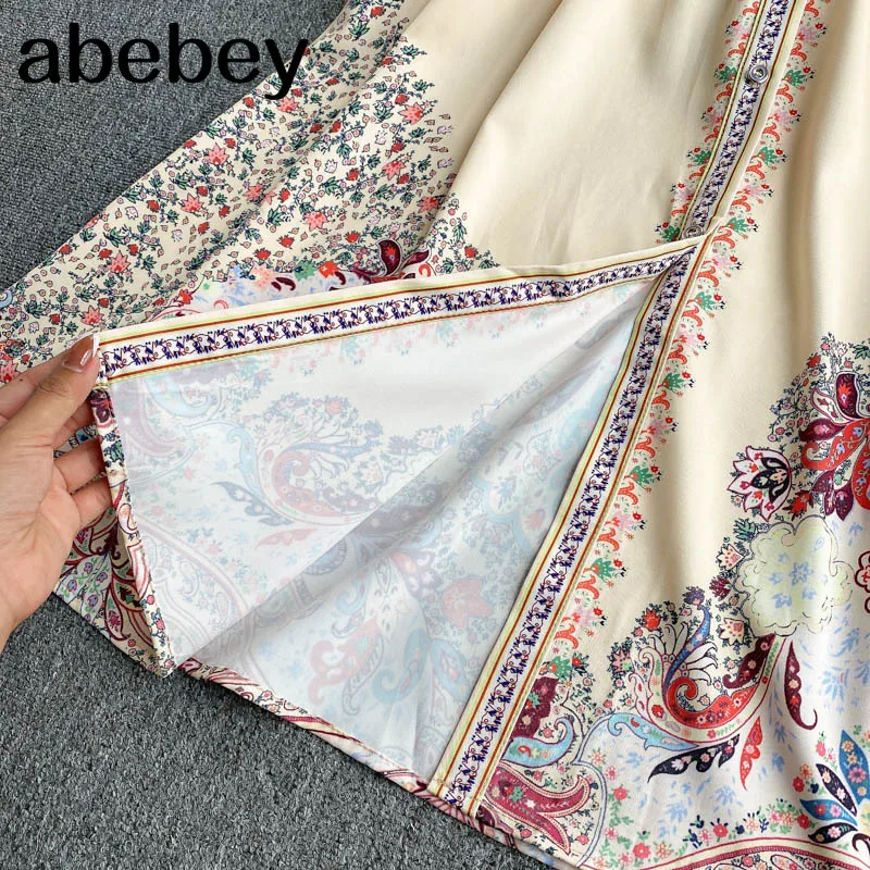 

Retro Print Pleated Maxi Dress Women Turndown-Collar Long Sleeve A-line Dresses Spring Boho Casual Vacation Long Dress