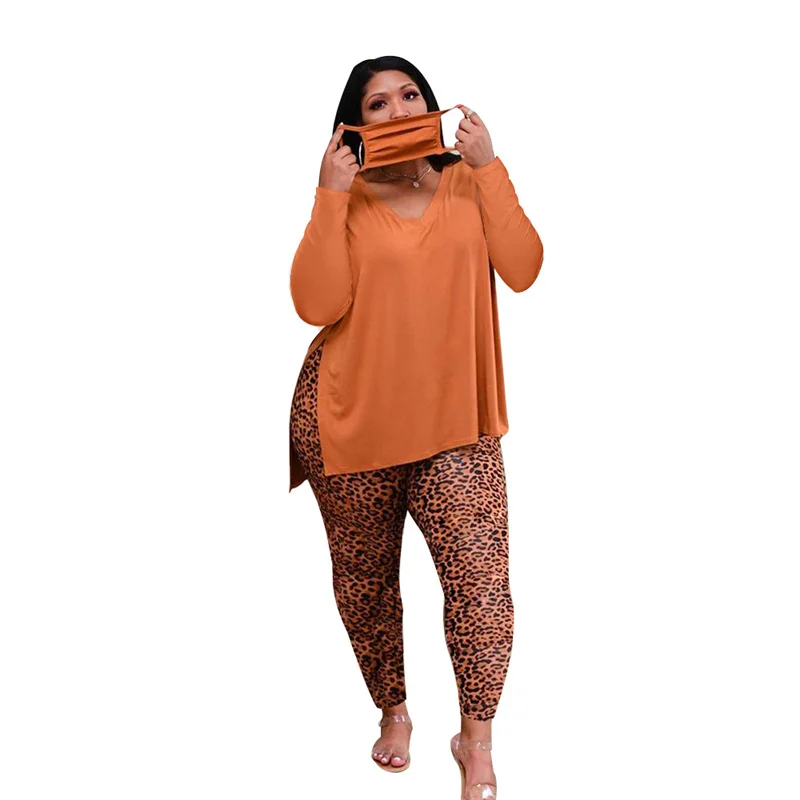 

Модный женский спортивный костюм, Однотонный женский костюм с V-образным вырезом, пуловер с разрезом, топ, леопардовые длинные брюки, осенни...