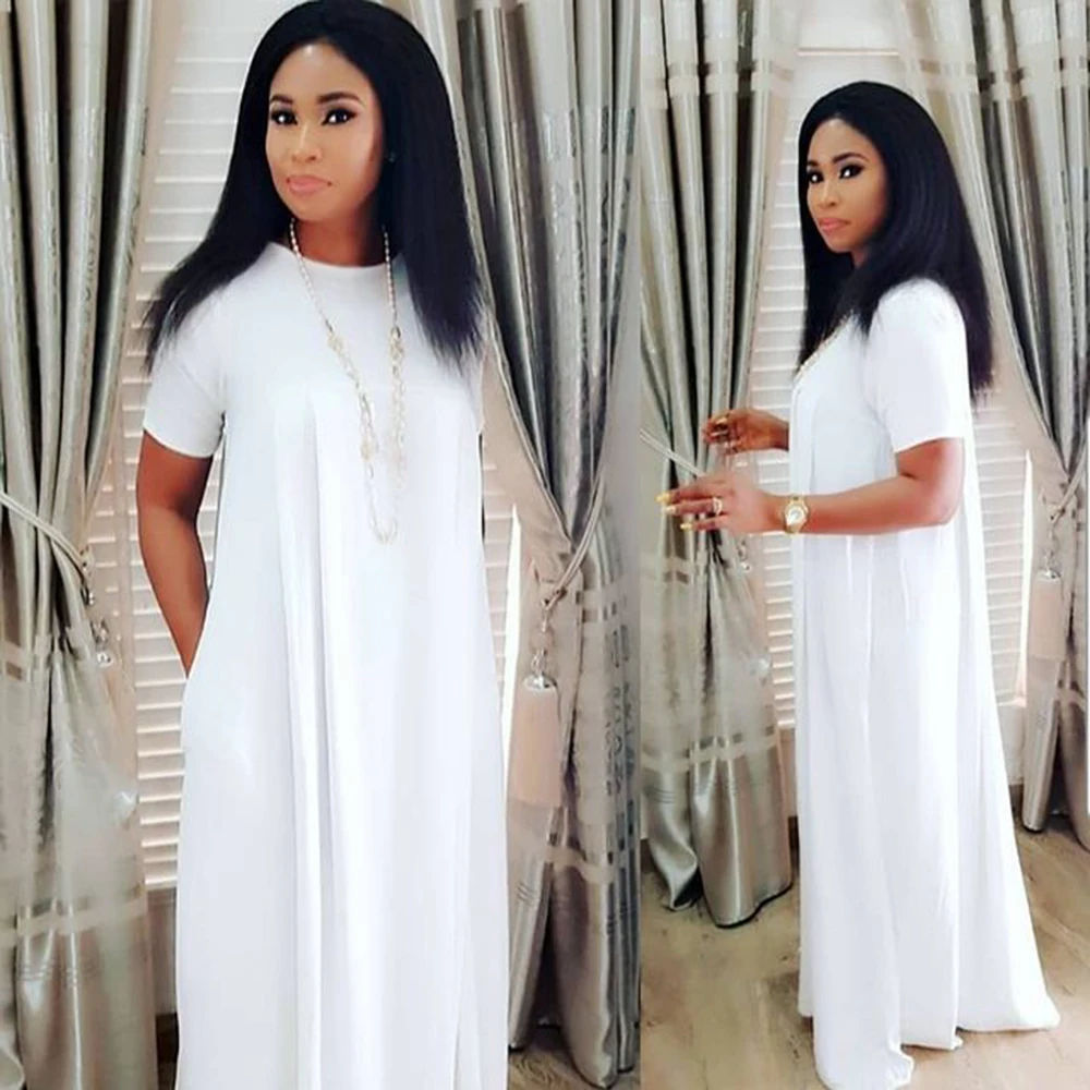 

White Dresses For Women Elegant Round Collar Short Sleeve Loose Vestidos Classic African Clothes Ankara Style Traditional