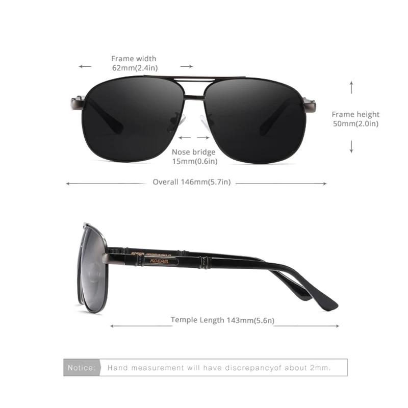 Мужские солнцезащитные очки KDEAM квадратные поляризационные из алюминия и магния