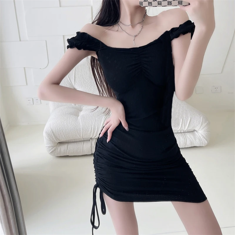 

Summer Women Temperament Solid Color Puff Short Sleeve Side Drawstring Mini Skirt for Casual Ladies Sexy Slim Skirts