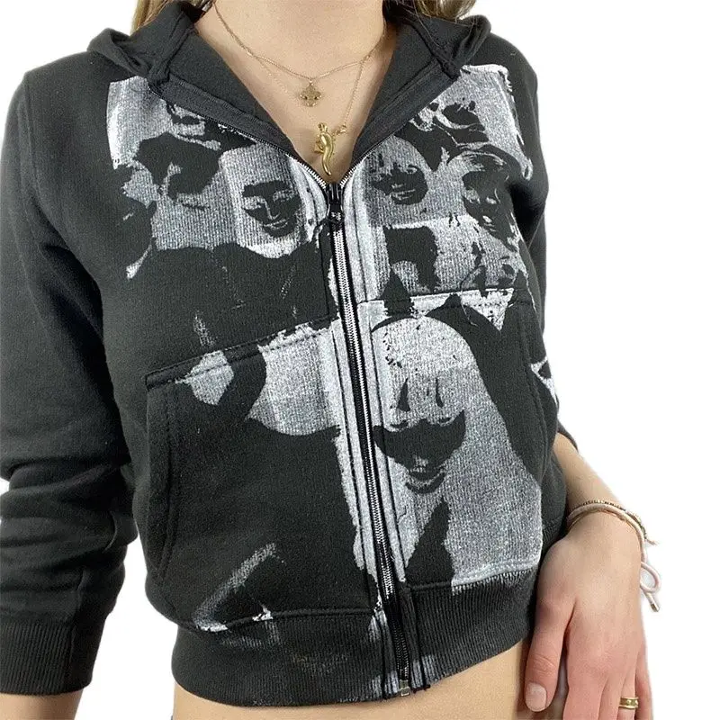 

Fashion Human Head Print Hooded Tops Women Casual Long Sleeve Sweatshirt Hoodies Spring Autumn Zip-up Cardigan Coat Streetwear