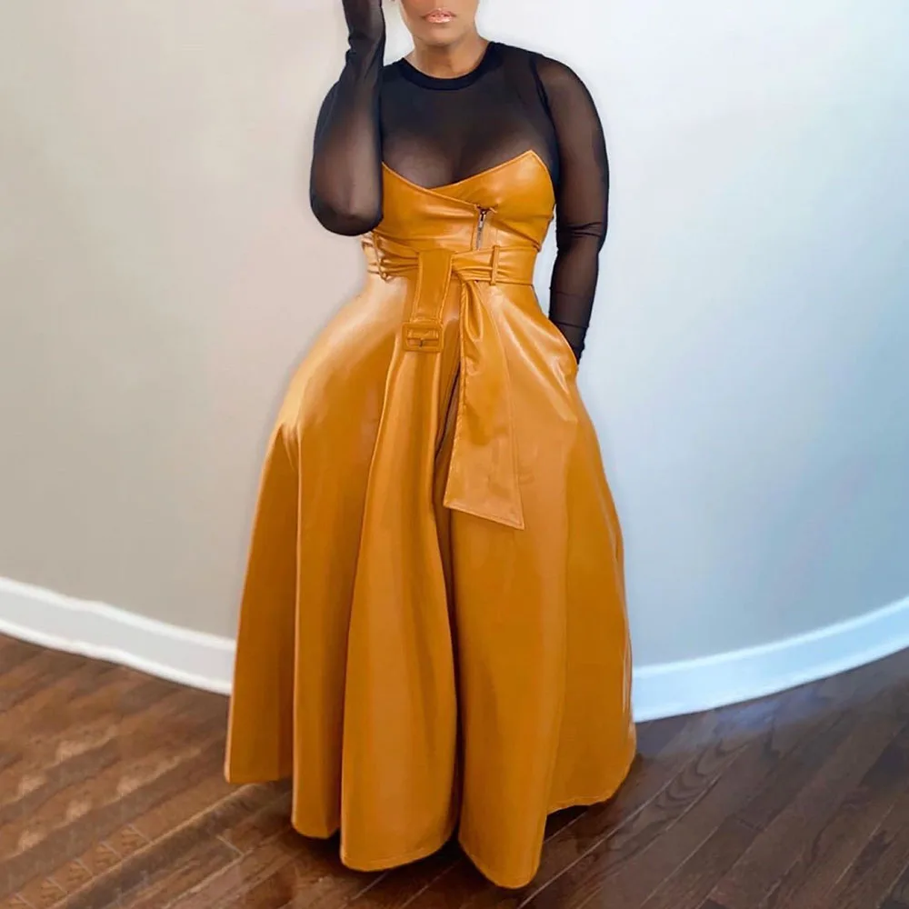 

Casual Plus Size PU Leather Dress Patchwork Autumn Winter Long Sleeve High Waist African Women Streetwear Fashion Maxi Dresses