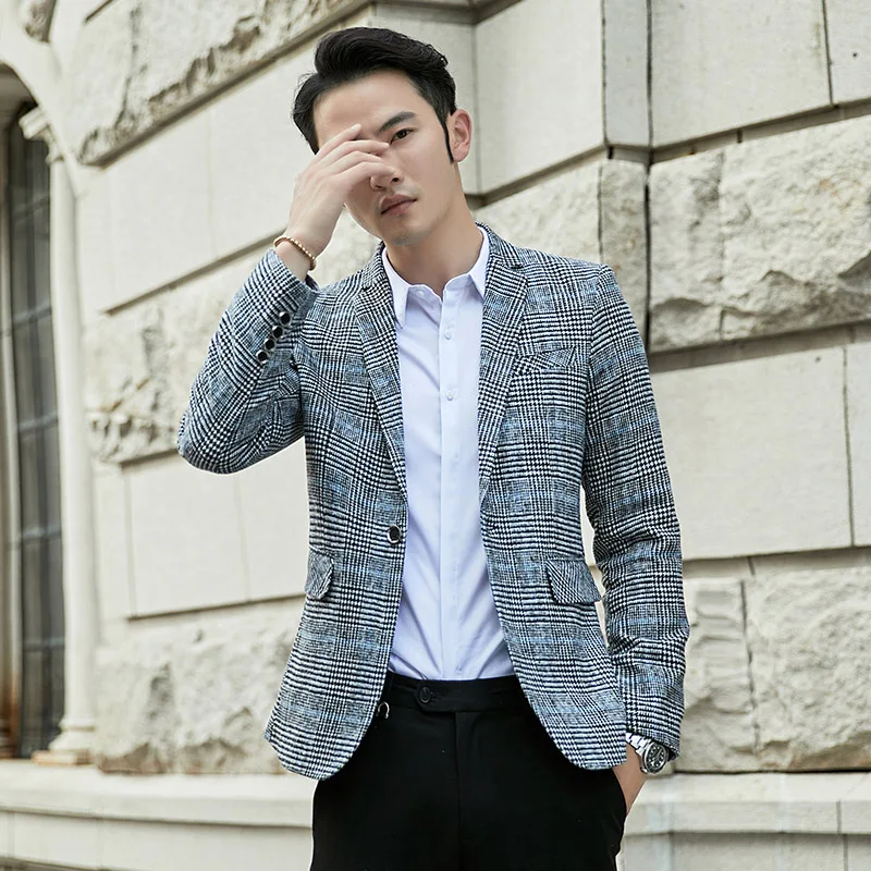 

Blazer 2021 Plaid Men British Style Suit Jacket Casual Wedding Dress Coat Business Streetwear Social Jacket Este Costume Homme