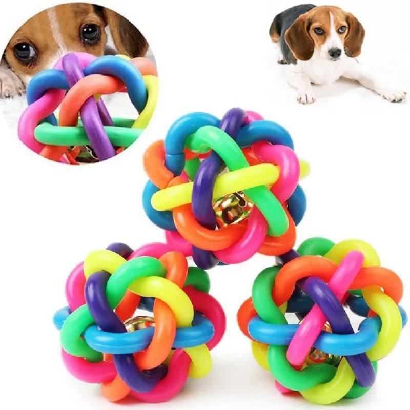 

Pet Dog Toys Puppy Cat Colorful Rubber Training Chew Ball Bell Squeaky Sound Toy Dog Ball Bite Resistant Ball Dog Accessories