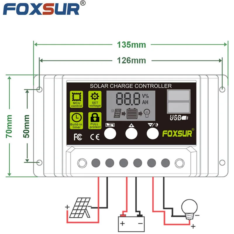 FOXSUR 30A 20A 10A ЖК дисплей PWM DC 5 в USB 12 24 автоматический выключатель панели солнечных