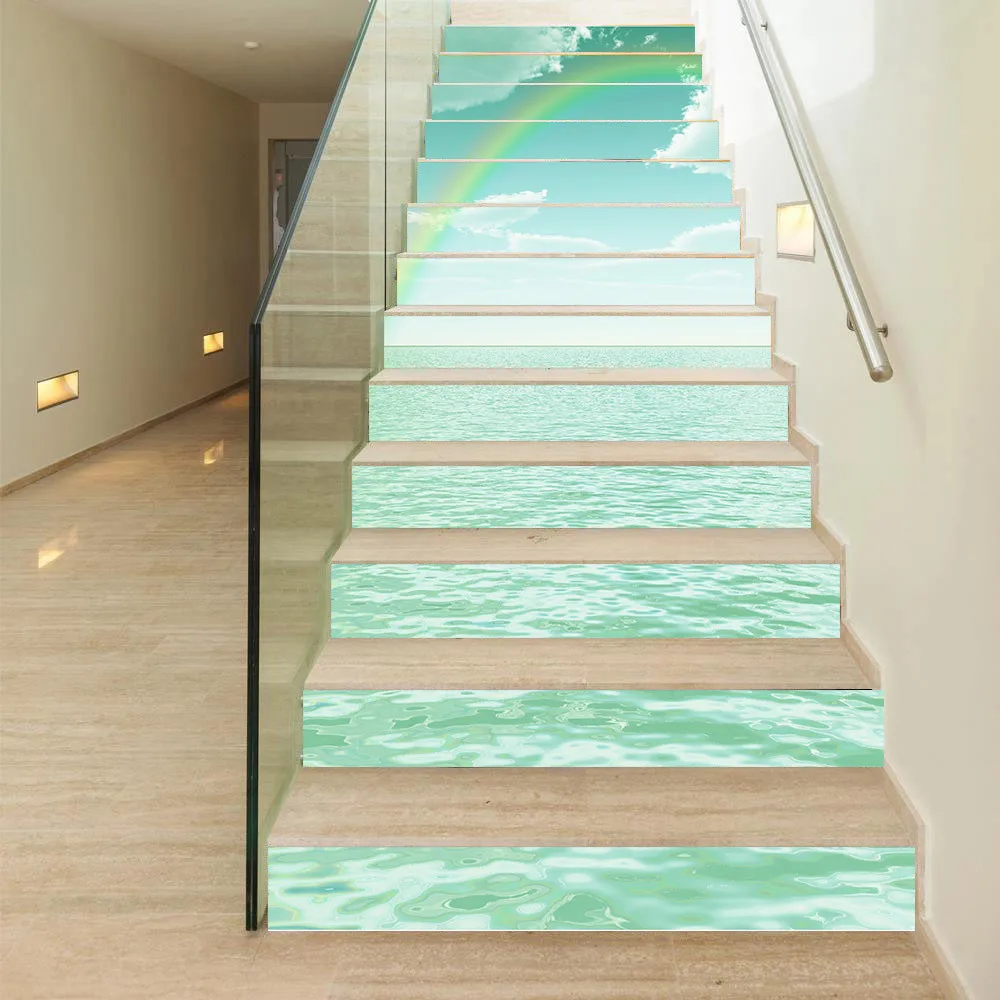 13Pcs/Set Green Sea Rainbow Stair Sticker Pvc Self-Adhesive Creative Living Room Decoration Home Waterproof Wall Stairs | Дом и сад