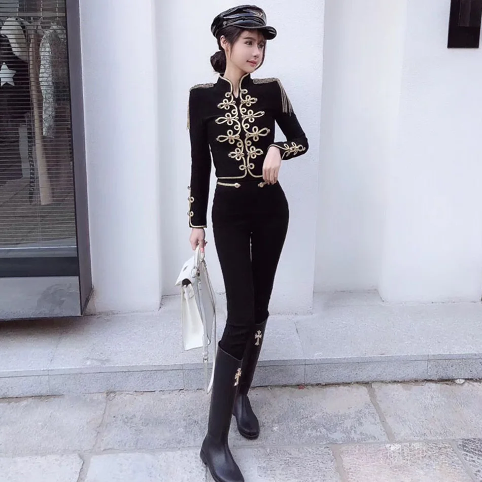New Autumn And Winter Ladies Club Bandage Suit Black White Fringed Shirt And Pants 2 Pieces Two-Piece Club Party Suit