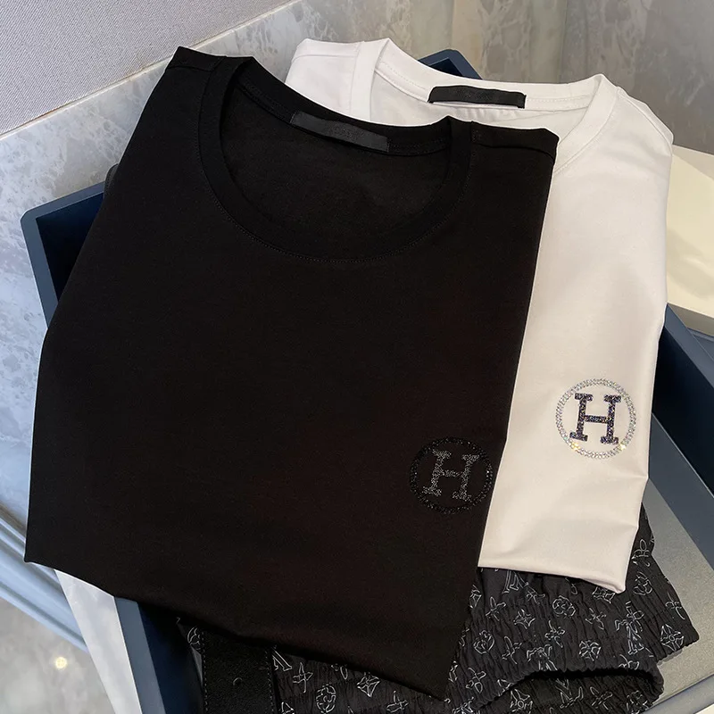 

Short-sleeved Male Jade Silk Small H Hot Drill Simple Half-sleeved T-shirt White Round Collar Summer Thin T-shirt Top Casual